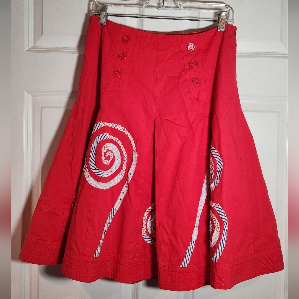 Basil & Maude Red Swirl And Button Detail Side Zip A Line Skirt Size 8